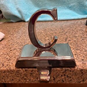 Letter C Monogram Stocking Holder Hook Hanger Mantle Shiny Silver Metal